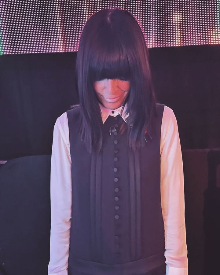 where to get all Claudia Winkleman Strictly Come Dancing outfits black tux shift dress white shirt white court shoes 13 November 2022 Photo Sinead McKeefry