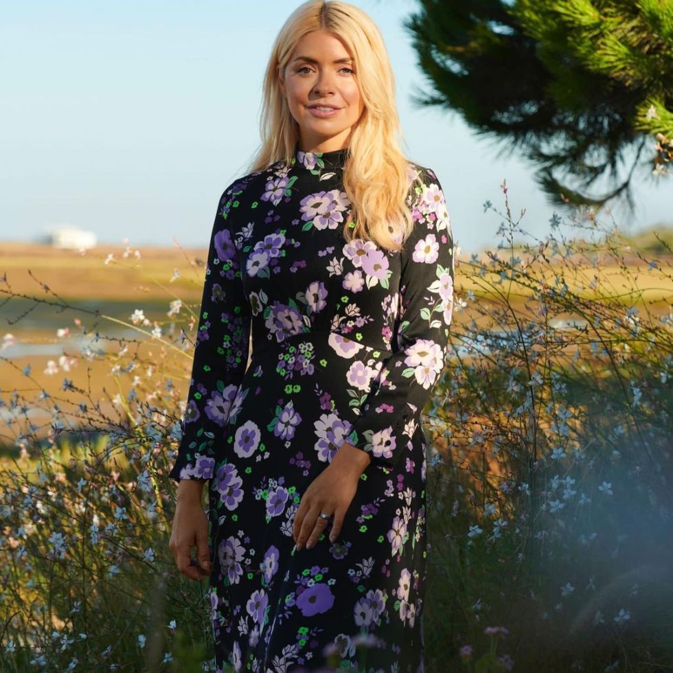 where to get all Holly Willoughby dresses purple satin floral midi dress 24 November 2022 Photo M&S
