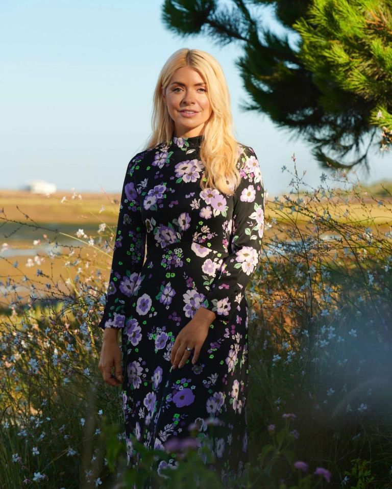 where to get all Holly Willoughby dresses purple satin floral midi dress 24 November 2022 Photo M&S
