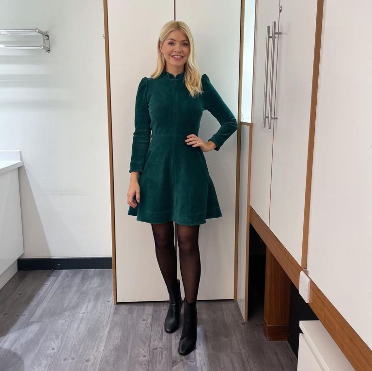 where to get all Holly Willoughby This Morning dresses green corduroy mini dress black ankle boots 21 November 2022 Photo Holly Willoughby