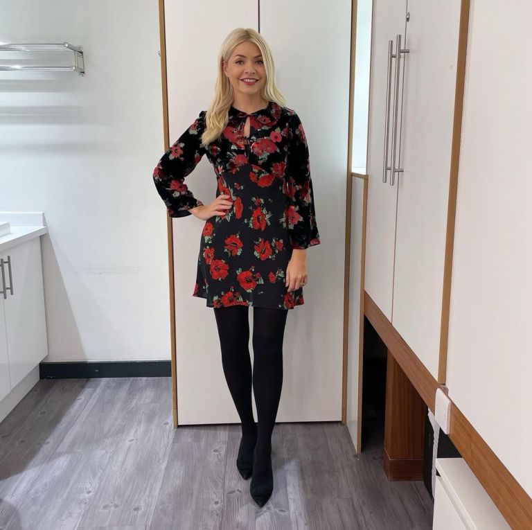 where to get all Holly Willoughby This Morning outfits dresses black and red poppy print mini dress velvet sleeves black suede court shoes 1 November 2022 Photo Holly Willoughby