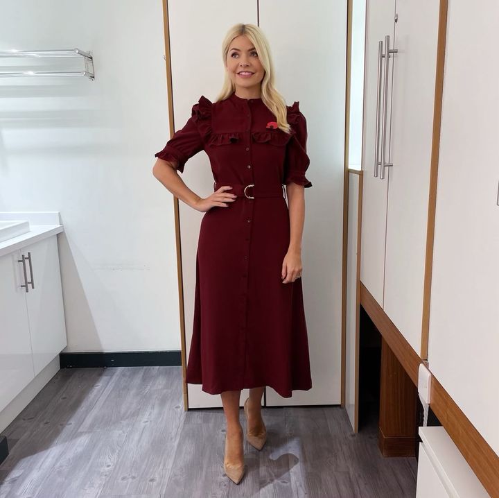 where to get all Holly Willoughby This Morning outfits dresses burgundy frill detail belted midi dress nude suede court shoes 9 November 2022 Photo Holly Willoughby