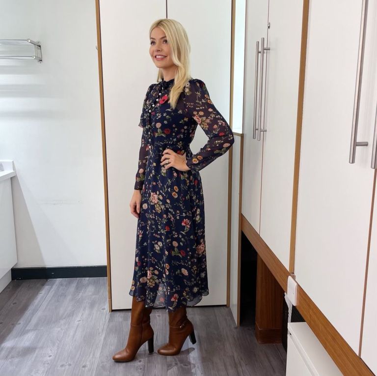 where to get all Holly Willoughby This Morning outfits dresses navy camelia print midi dress brown knee high boots 3 November 2022 Photo Holly Willoughby