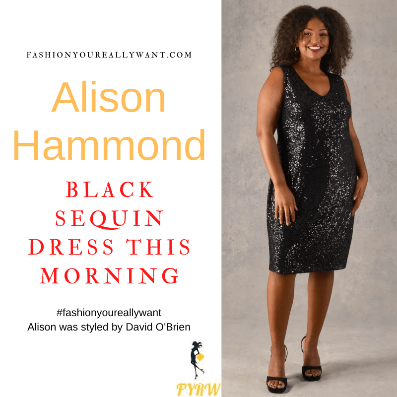 Where to get all Alison Hammond This Morning outfits dresses blog December 2022 black sequin dress crushed pink velvet jacket black hiking boots