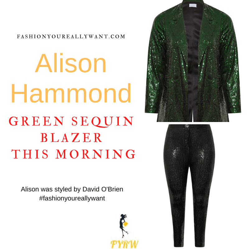 Where to get all Alison Hammond This Morning outfits dresses blog December 2022 green sequin blazer black sequin top black sequin leggings green shoes