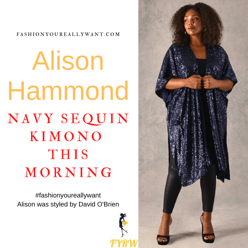 Where to get all Alison Hammond This Morning outfits dresses blog December 2022 navy blue sequin long kimono black sequin cami top black sequin leggings