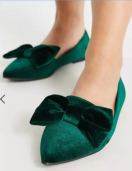 ASOS DESIGN Wide Fit Lake bow pointed ballet flats in green velvet