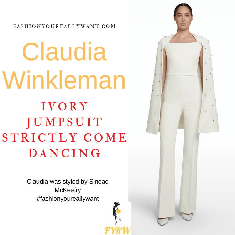 Claudia Winkleman Wore This on Strictly Come Dancing Final December 2022 where to get her outfits ivory straight neck jumpsuit with crystal embellished cape