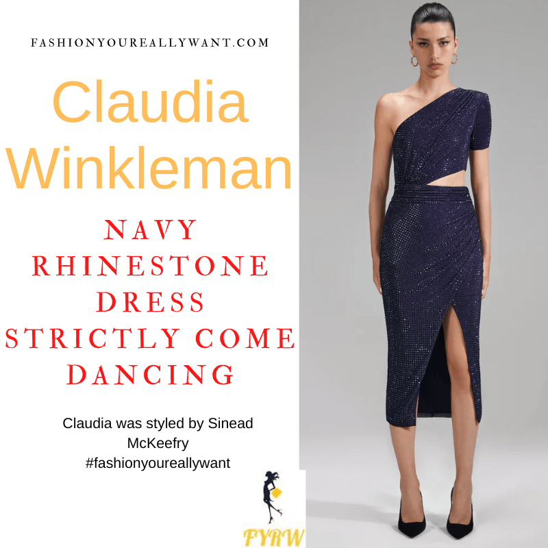 Claudia Winkleman Wore This on Strictly Come Dancing Semi Final December 2022 where to get her outfits navy rhinestone one shoulder midi dress nude suede court shoes