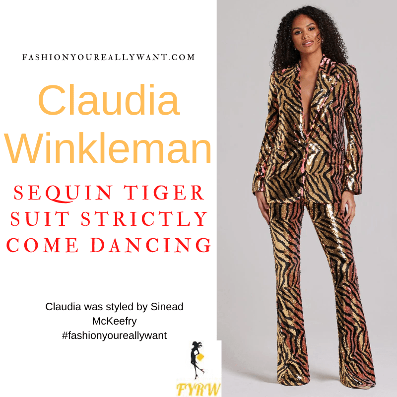 Claudia Winkleman Wore This on Strictly Come Dancing Week 11 December 2022 where to get her outfits tiger orange sequin blazer and trouser suit
