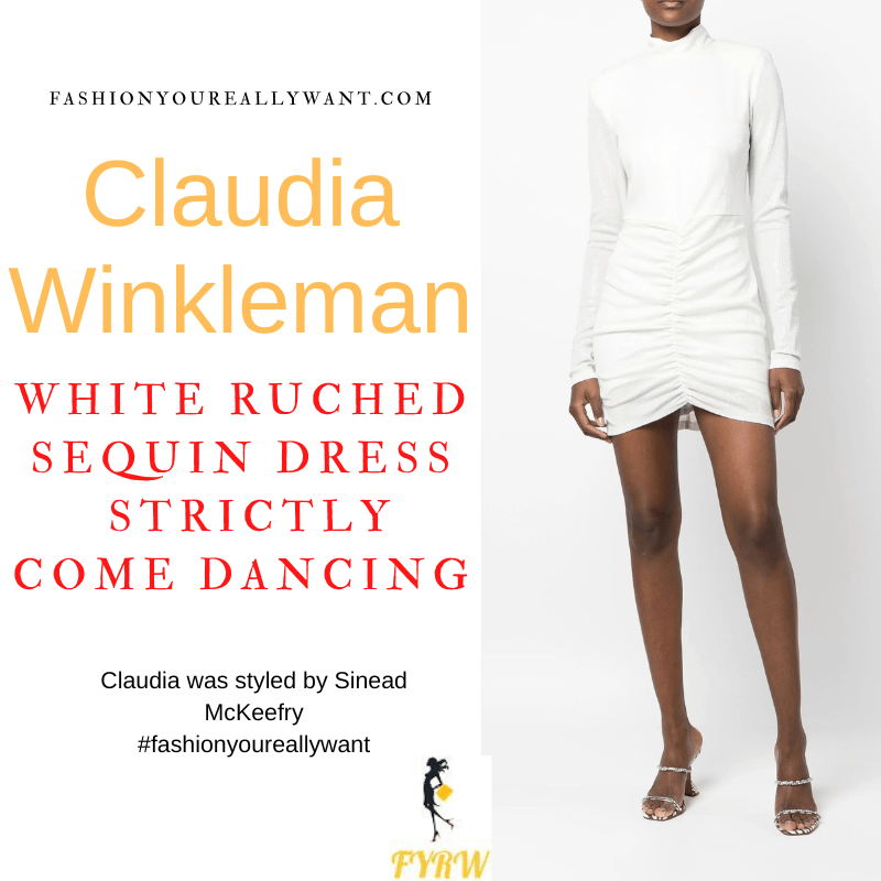 Claudia Winkleman Wore This on Strictly Come Dancing Christmas Special December 2022 where to get her outfits white ruched sequin mini dress