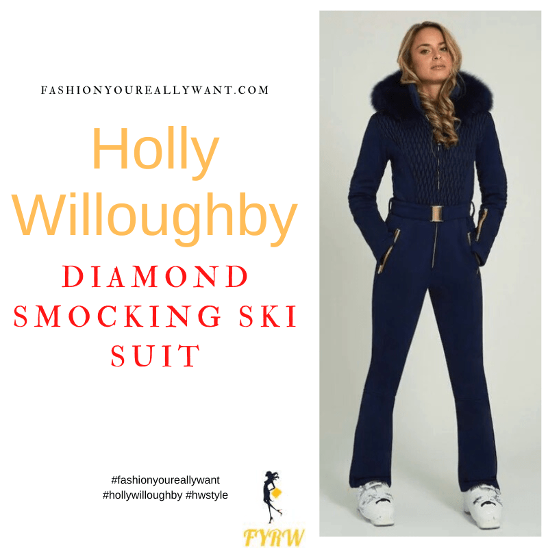 Where to get all Holly Willoughby outfits dresses blog December 2022 navy blue diamond quilt ski suit