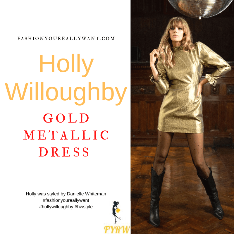 Where to get all Holly Willoughby outfits dresses blog December 2022 metallic gold ruffle neck dress Wylde Moon