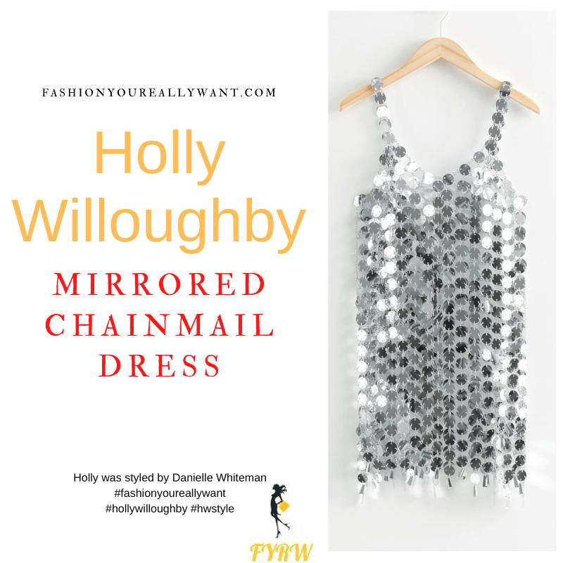 Where to get all Holly Willoughby outfits dresses blog November 2022 mirror disc chainmail mini dress pink glitter crystal pumps