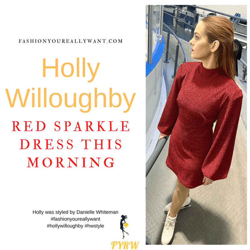 Where to get all Holly Willoughby This Morning outfits dresses blog December 2022 red jersey glitter mini dress red bow satin court shoes pumps