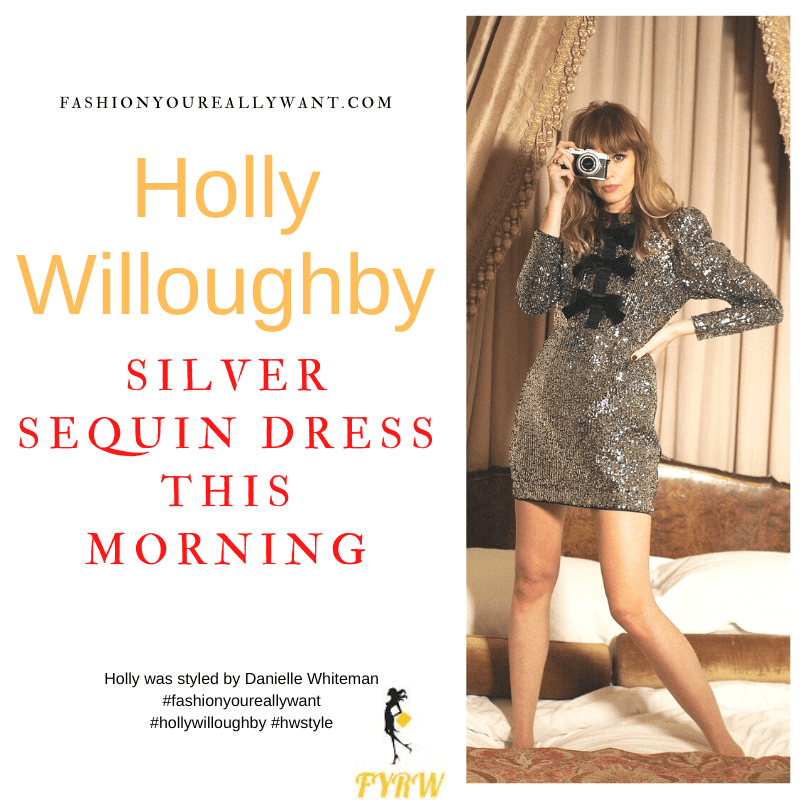 Where to get all Holly Willoughby This Morning outfits dresses blog December 2022 silver sequin mini dress black velvet bows