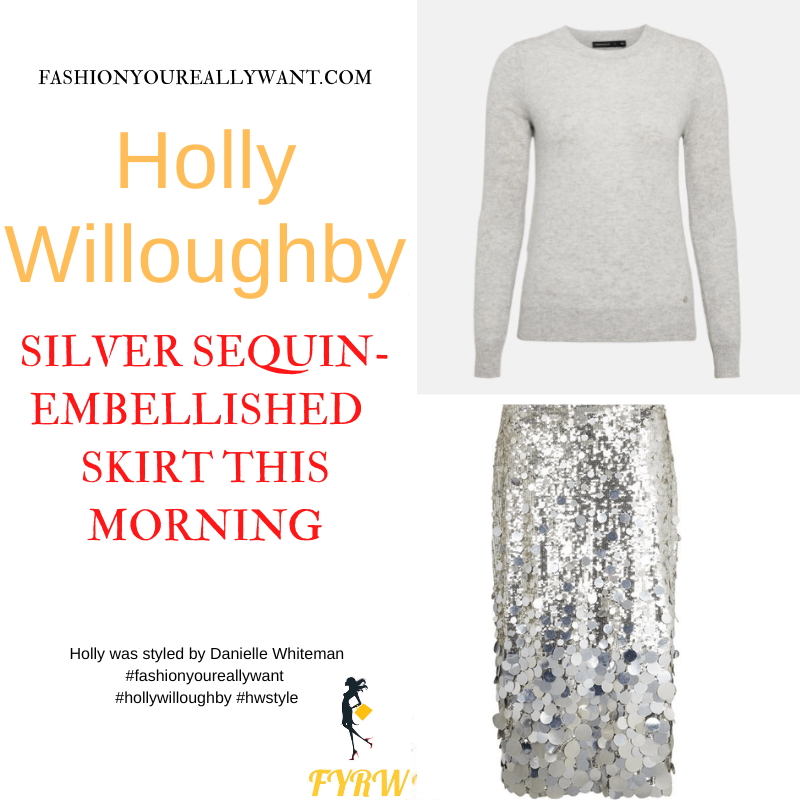 Where to get all Holly Willoughby This Morning outfits dresses blog December 2022 silver sequin midi pencil skirt grey jumper pale pink bow shoes