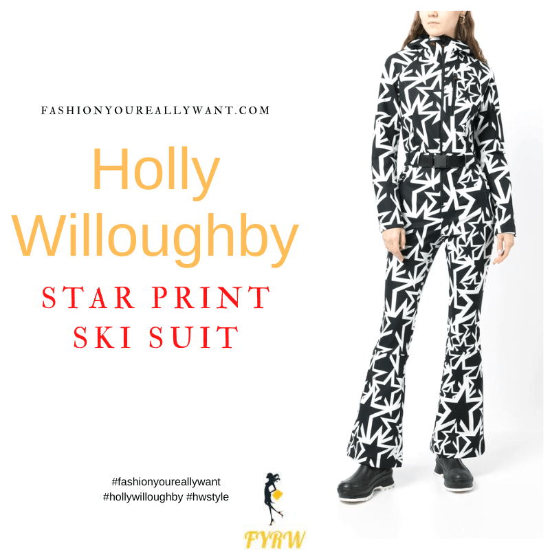 Where to get all Holly Willoughby outfits dresses blog December 2022 black and white star ski suit black fur headband polar bear ski pant white ski jacket
