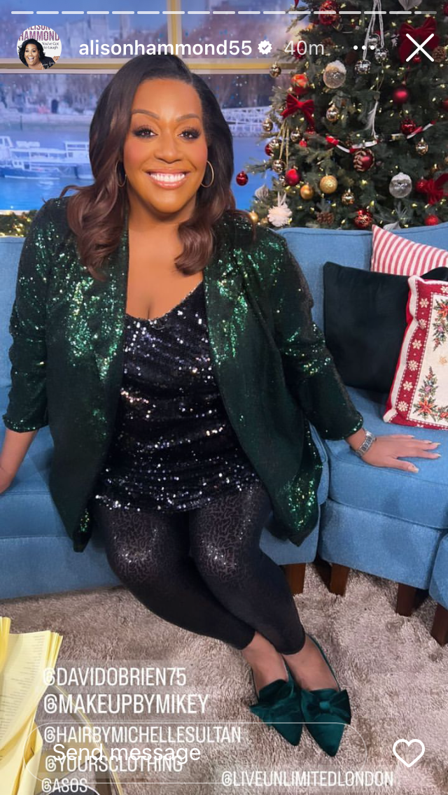 where to get all Alison Hammond This Morning outfits green sequin blazer black sequin leggings blak sequin cami green bow shoes 14 December 2022 Photo Alison Hammond