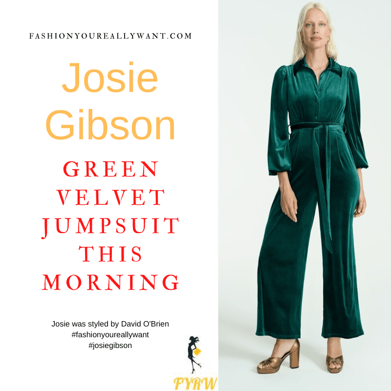 Where to get all Josie Gibson This Morning outfits dresses blog December 2022 green velvet shirt neck jumpsuit
