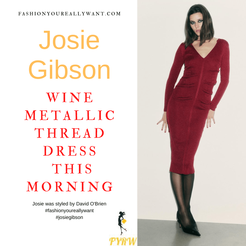 Where to get all Josie Gibson This Morning outfits dresses blog December 2022 red knit v neck metallic thread ruched dress