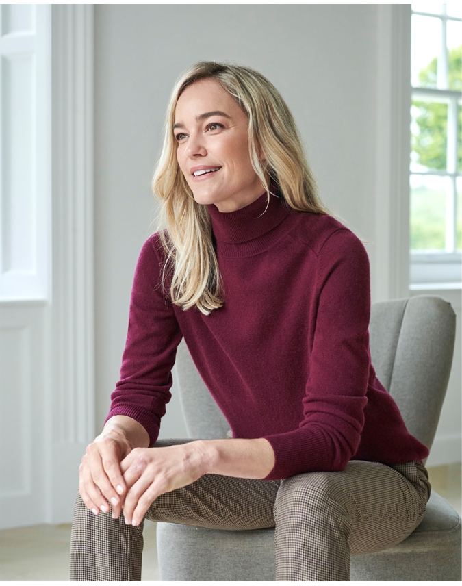 Pure Collection Womens Cashmere Polo Neck Sweater Merlot