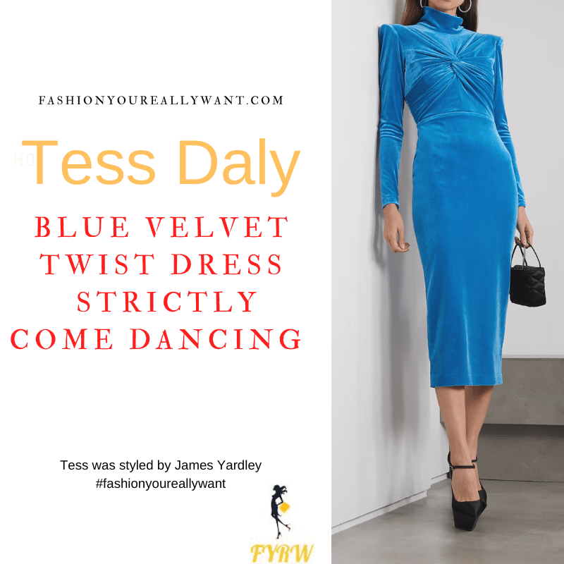 Tess Daly Wore This on Strictly Come Dancing Semi Final Results December 2022 where to get her outfits blue velvet high neck twist front midi dress blush sandals