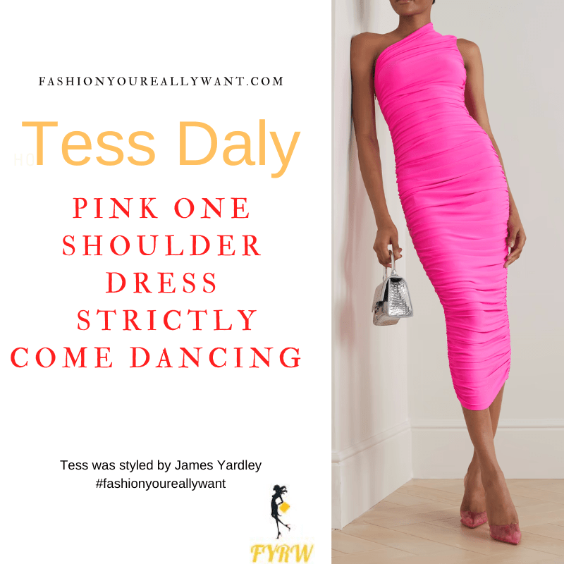 Tess Daly Wore This on Strictly Come Dancing Semi Final December 2022 where to get her outfits shocking pink one shoulder ruched midi dress