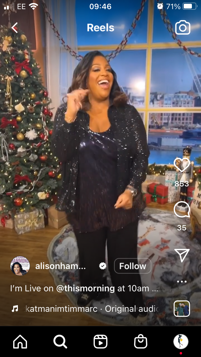 where to get all Alison Hammind This Morning outfits black sequin shirt black sequin top black sequin trousers 13 December 2022 photo Alison Hammond