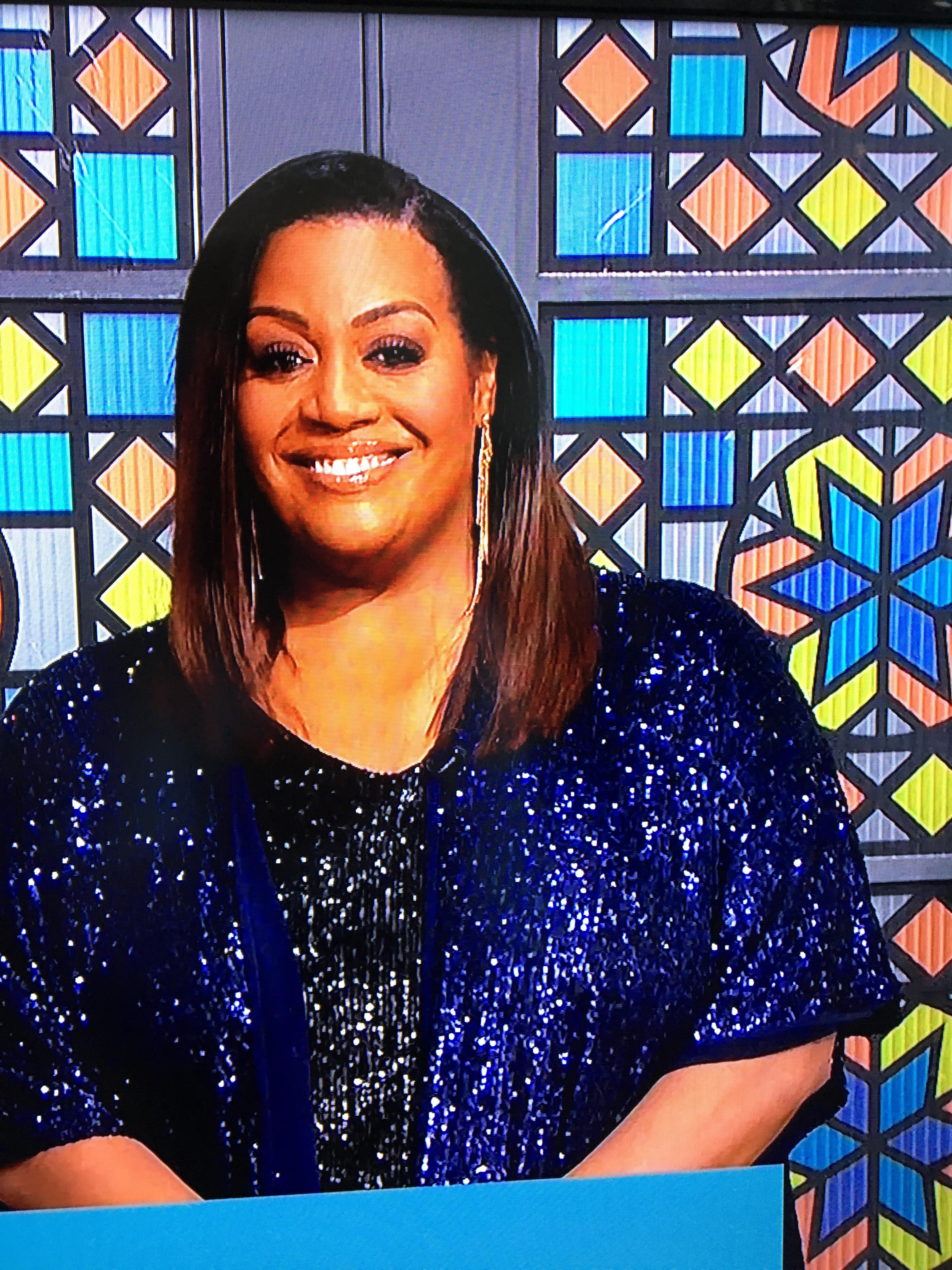 where to get all Alison Hammond This Morning outfits navy blue sequin kimono black sequin leggings black sequin cami 16 December 2022 photo ITV