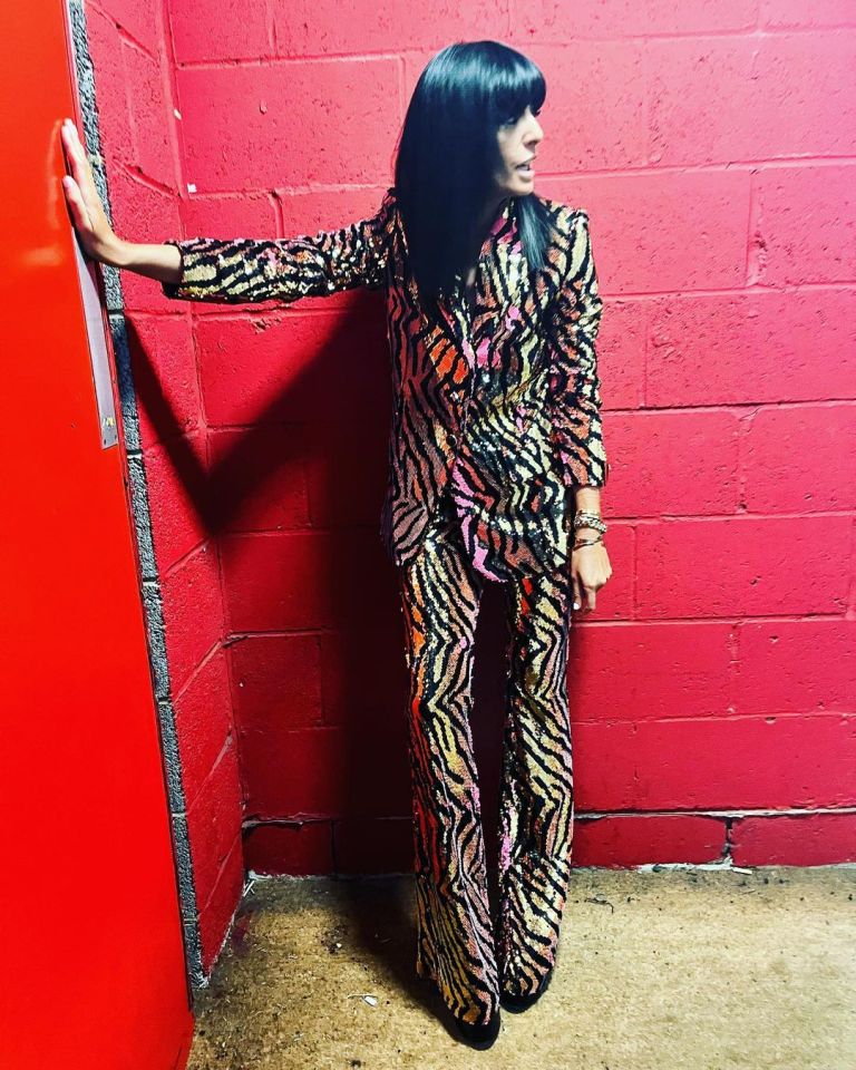 where to get all Claudia Winkleman Strictly Come Dancing outfits orange tiger sequin trousers and blazer suit 2 December 2022 Photo Claudia Winkleman