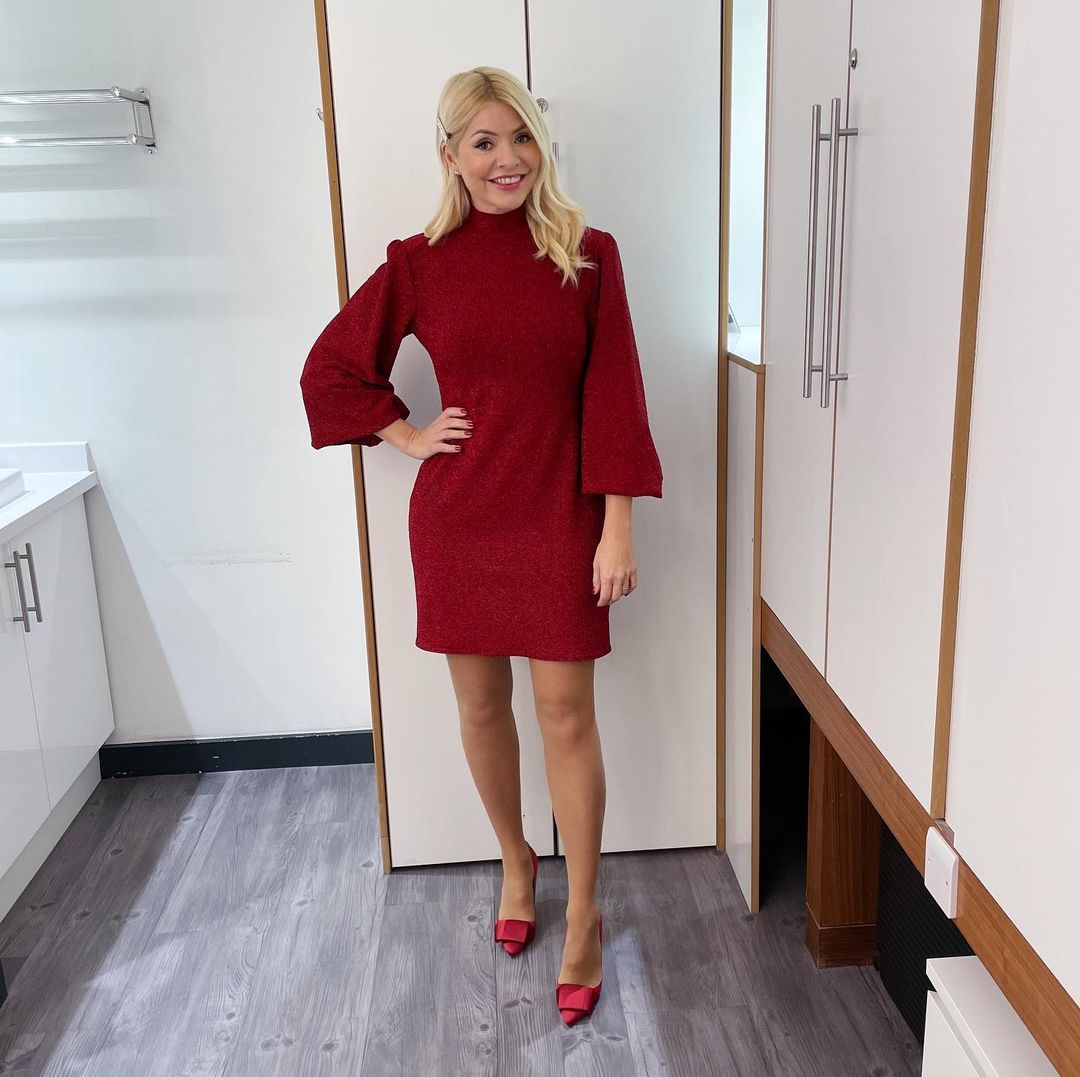where to get all Holly Willoughby This Morning dresses red velvet glitter mini dress red satin bow shoes 9 December 2022 Photo Holly Willoughby