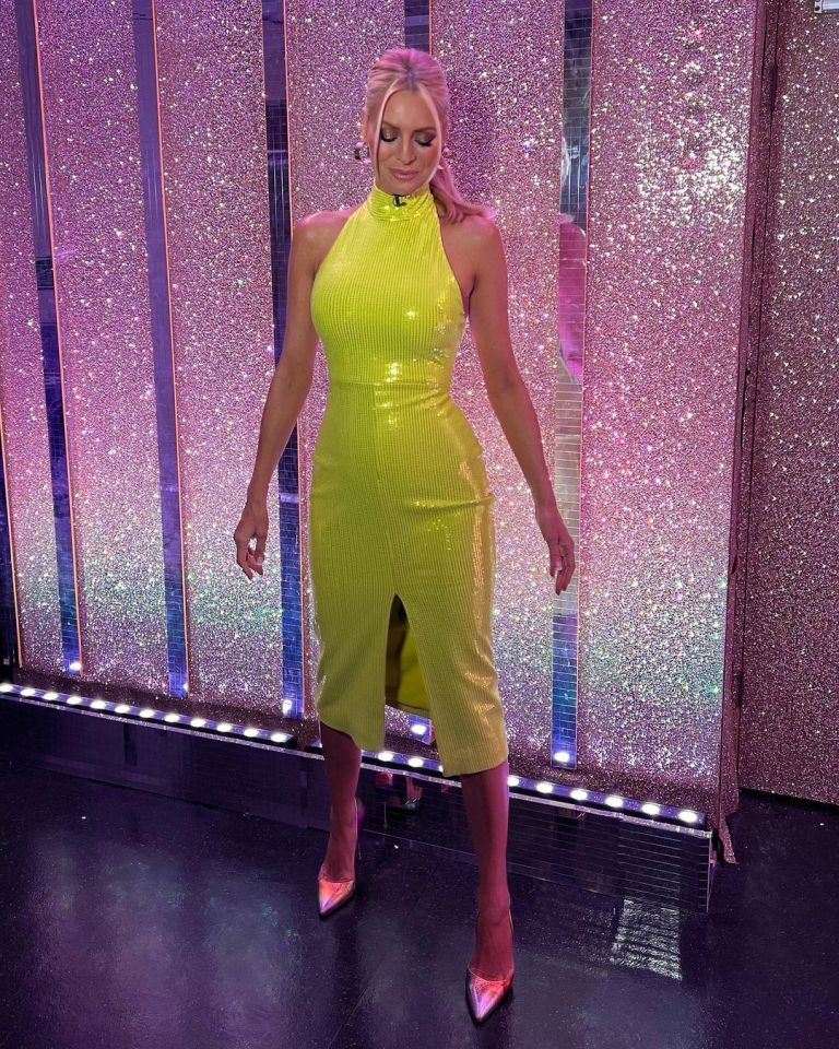 where to get all Tess Daly Strictly Come Dancing outfits dresses citrus yellow sequin halter dress metallic court shoes 2 December 2022 Photo Tess Daly