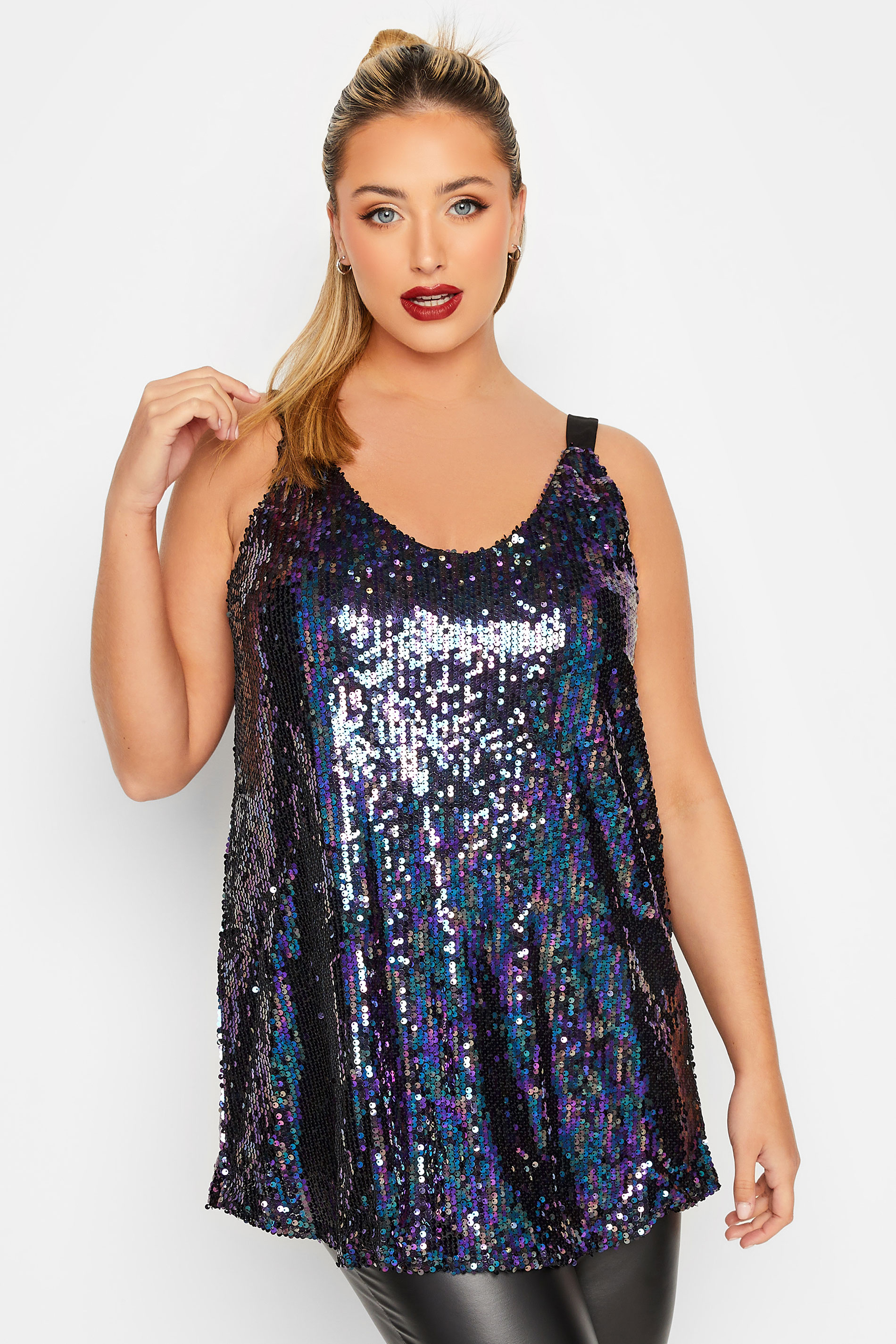 YOURS LONDON Curve Black & Purple Sequin Embellished Cami Top