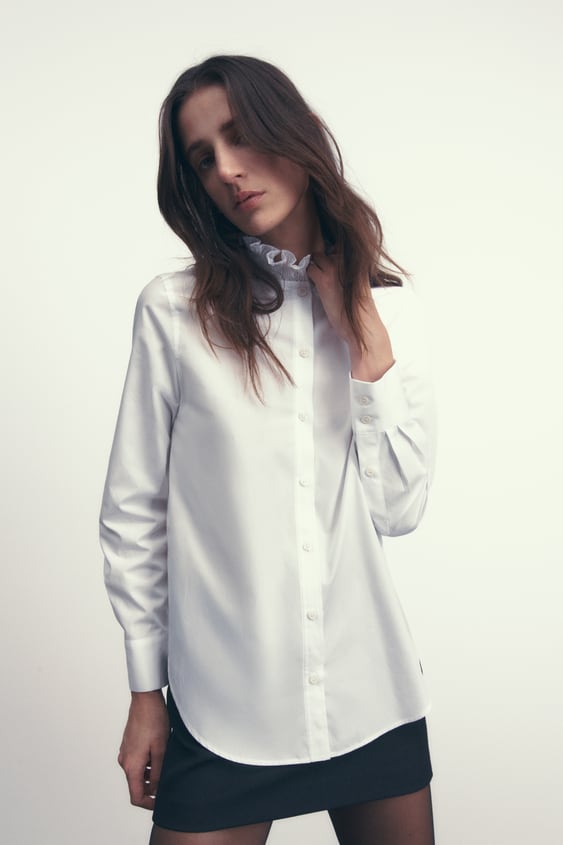 Zara Poplin Blouse With Ruffled Neck