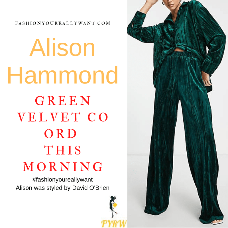 Where to get all Alison Hammond This Morning outfits dresses blog January 2023 crushed green velvet shirt and trousers