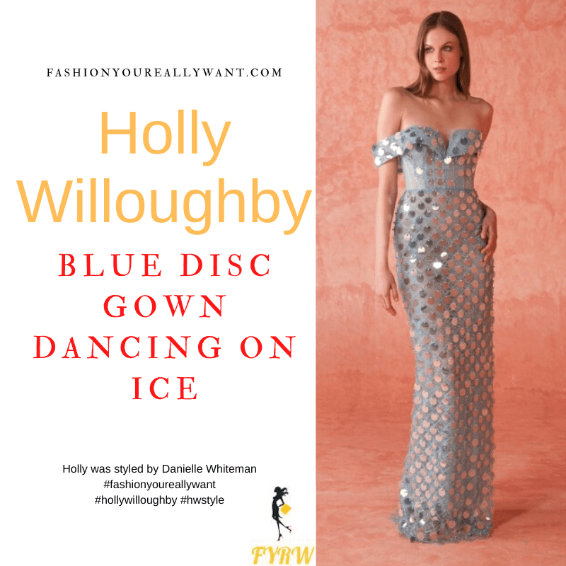 Where to get all Holly Willoughby Dancing on Ice outfits dresses blog January 2023 blue off the shoulder disc sequin gown diamond earrings