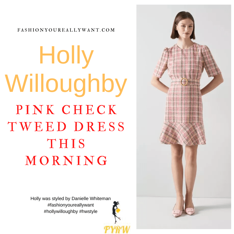 Where to get all Holly Willoughby This Morning outfits dresses blog January 2023 pink check short sleeve mini dress with belt with nude suede court shoes