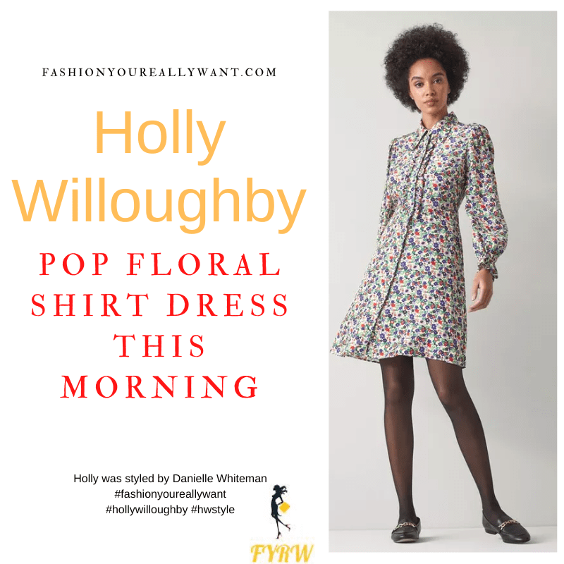 Where to get all Holly Willoughby This Morning outfits dresses blog January 2023 pop floral mini shirt dress nude suede court shoes