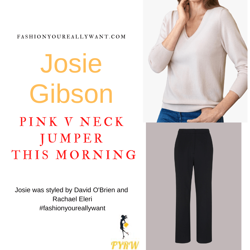 Where to get all Josie Gibson This Morning outfits dresses blog January 2023 pink v neck jumper black slim trousers