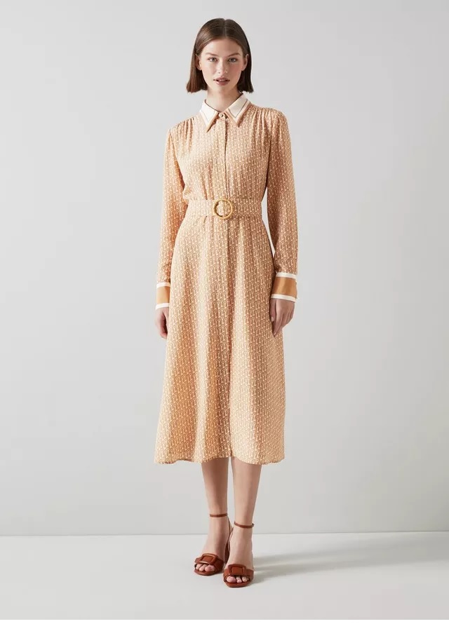 LK Bennett Kate Tan Key Print Silk Shirt Dress