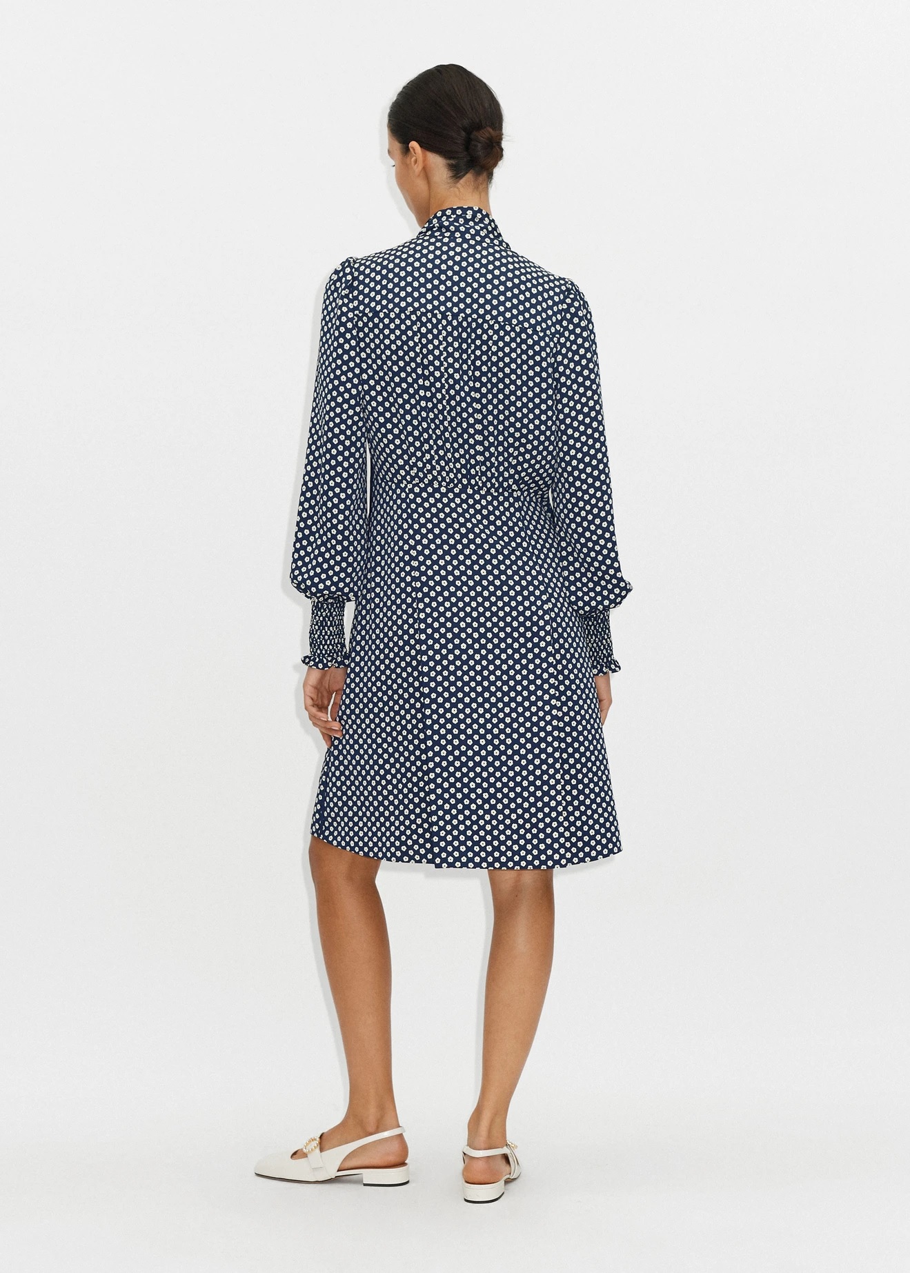 Me + Em Polka Dot Flower Print Short Fit + Flare Dress back view