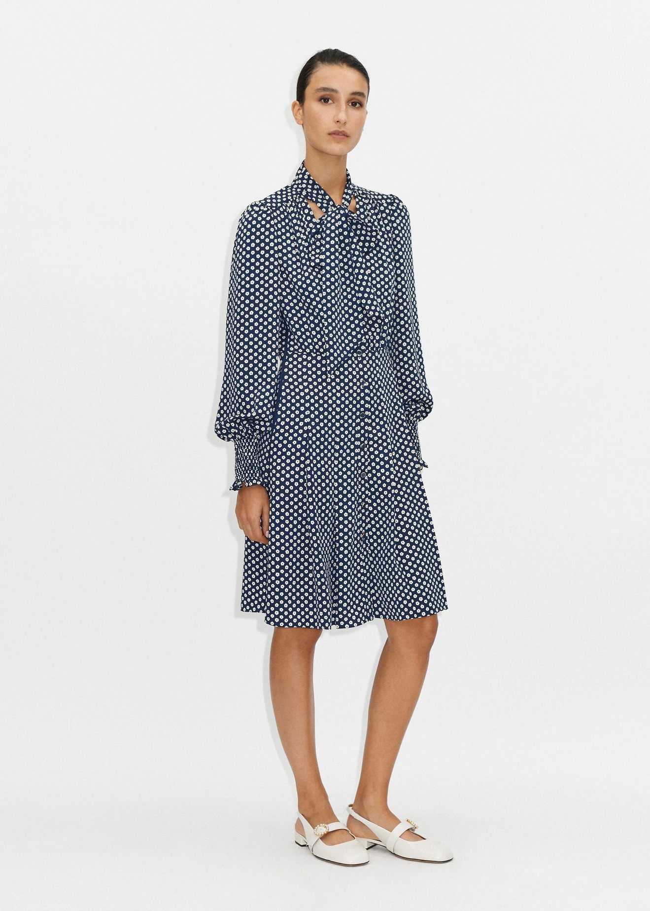 Me + Em Polka Dot Flower Print Short Fit + Flare Dress