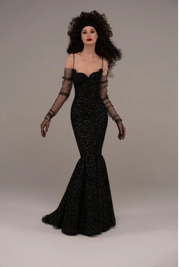 Rasario Rhinestone Tulle Maxi Dress with Train