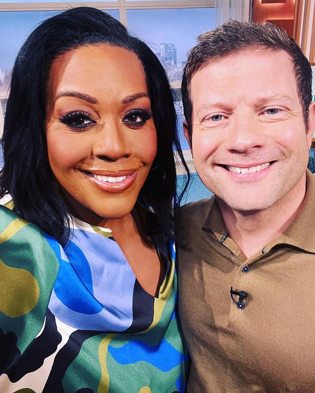 where to get all Alison Hammond This Morning outfits blue swirl print boho blouse black leggings 27 January 2023 photo Alison Hammond