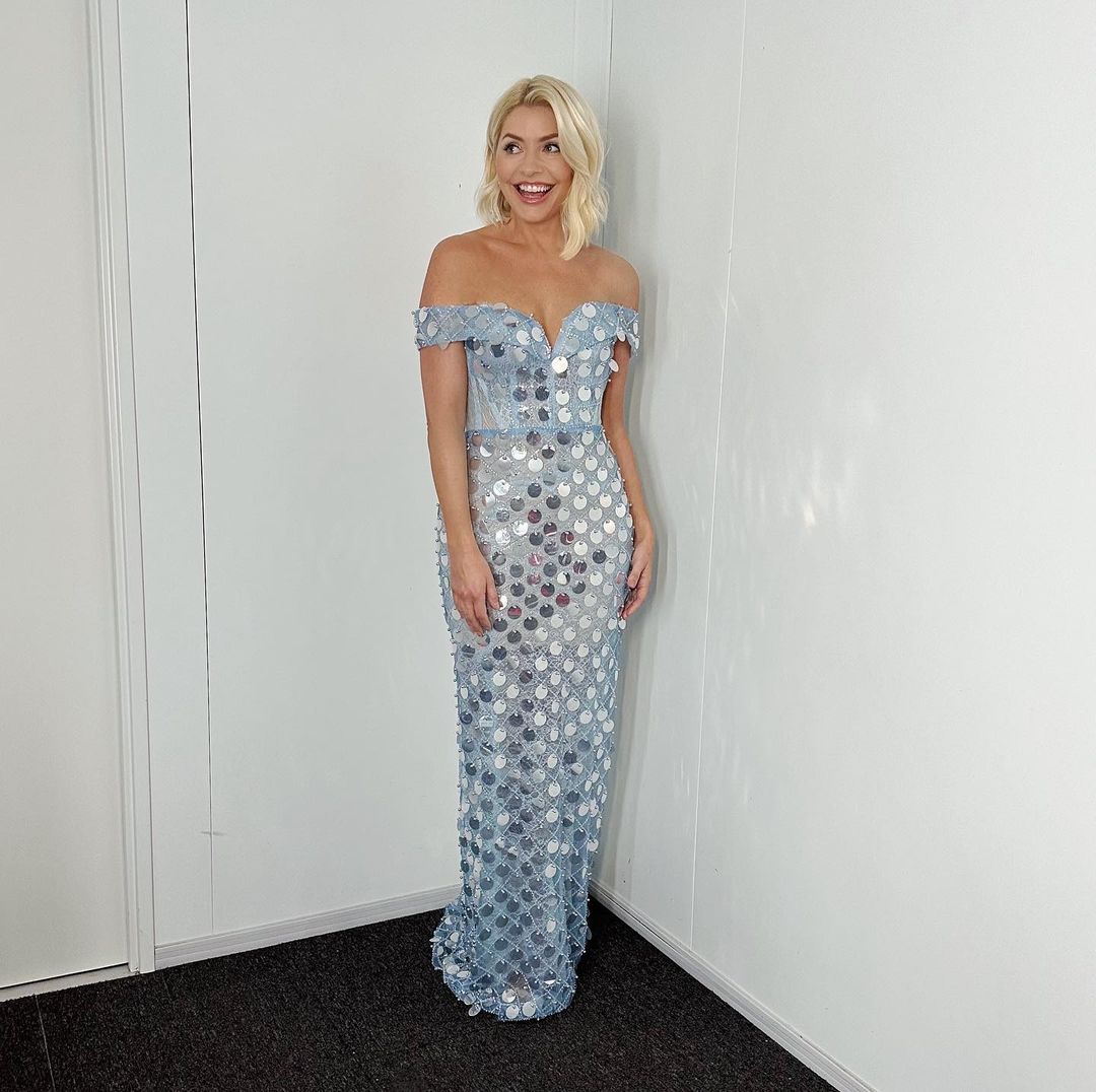 where to get all holly Willoughby Dancing on Ice dresses blue sequin disc strapless gown promo pictures Photo Holly Willoughby January 2023