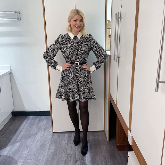 where to get all Holly Willoughby This Morning outfits dresses black and white floral fit and flare dress white collar and cuffs belt black suede court shoes 19 January 2023 Photo Holly Willoughby