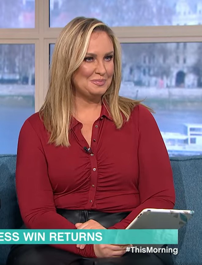 where to get all Josie Gibson This Morning outfits red ruched top black faux leather midi skirt 5 January 2023 Photo ITV