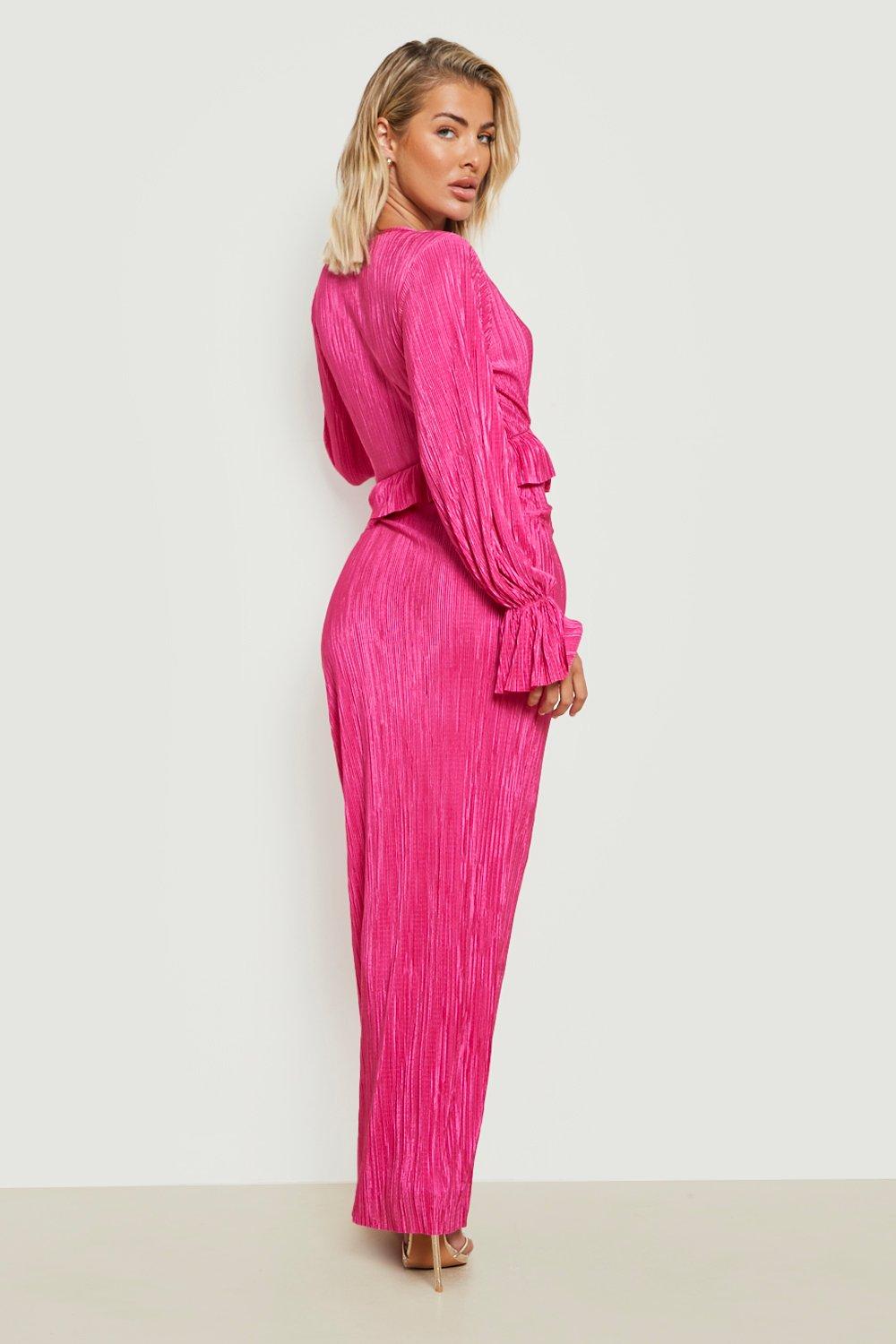 Boohoo PLISSE LONG SLEEVE RUFFLE DETAIL MAXI DRESS back view