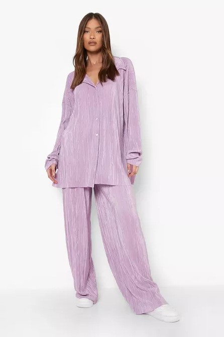 Boohoo Plissé Oversized Relaxed Lilac Co Ord